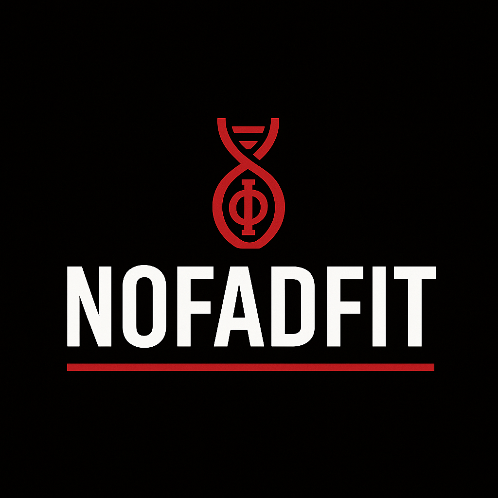 NoFadFit logo — a red DNA helix containing the Greek letter Phi, above the wordmark NOFADFIT
